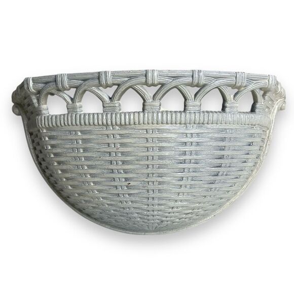 Vintage 70s Syroco Homco Faux Rattan Wall Pocket Planter Basket Cream Resin USA - Picture 2 of 12